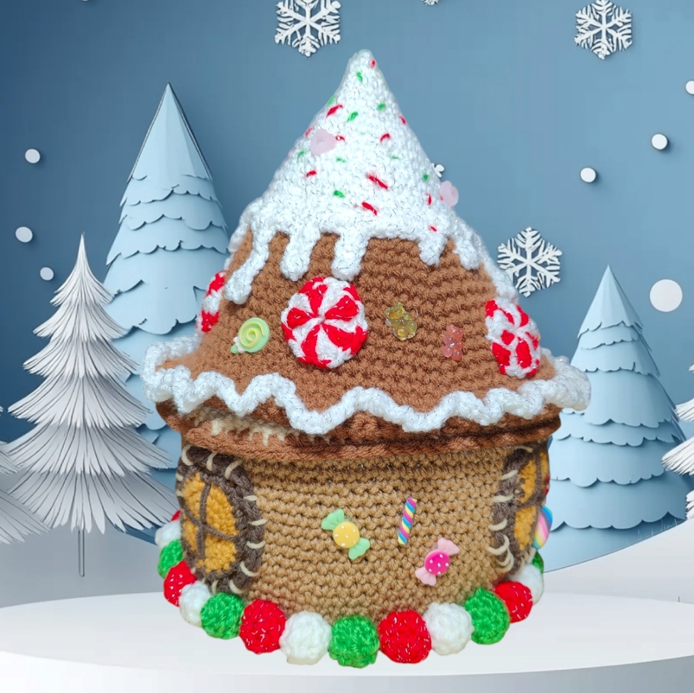Handmade Crochet Giant Gingerbread Gnome House Basket - Picture 5 of 13